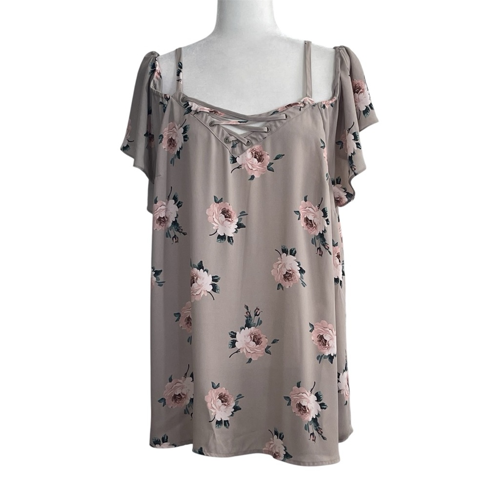 Torrid Rose Print Georgette Lace Up Cold Shoulder Top